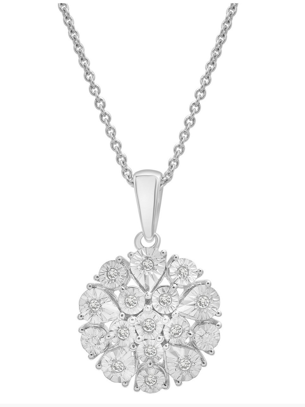 Diamond Flower Burst Cluster 18" Pendant Necklace in Sterling Silver